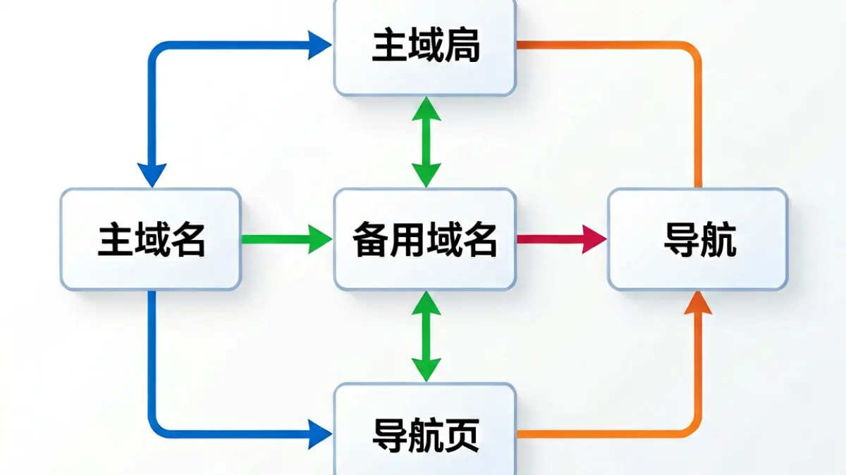 图示展示海角社区在线网址进入登录的三层网址保障机制：主域名、备用域名与导航页的关系结构